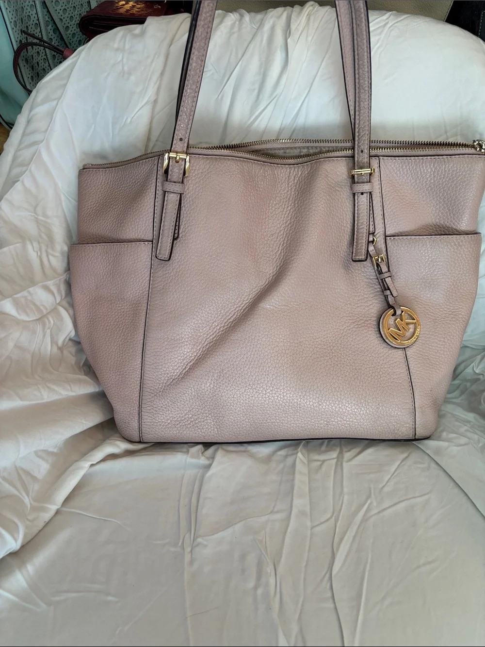 Michael Kors Light Blush Pebbled Leather Tote with Gold Logo Charm